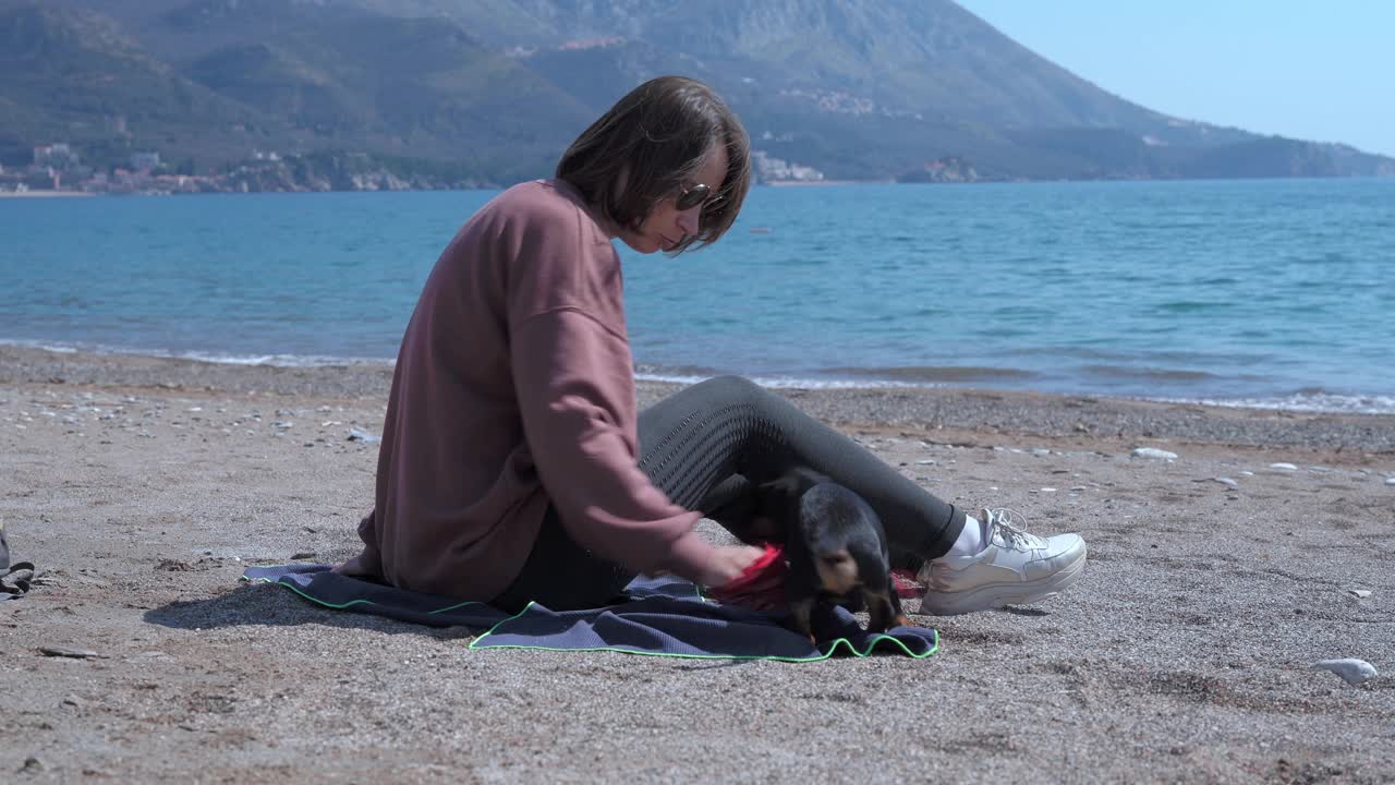 漂亮的年轻女子戴着太阳镜，在阳光明媚的日子坐在海边的毯子上，用头巾和活泼的腊肠小狗玩耍视频素材