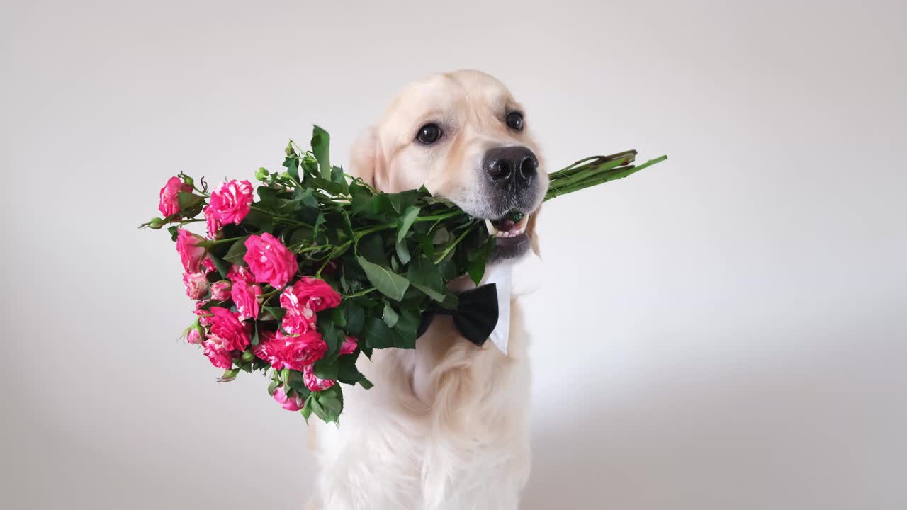 那只狗嘴里衔着一束玫瑰。戴着领结的金毛猎犬坐在白色的花朵背景上。生日，婚礼，情人节，三月八日的明信片。视频素材