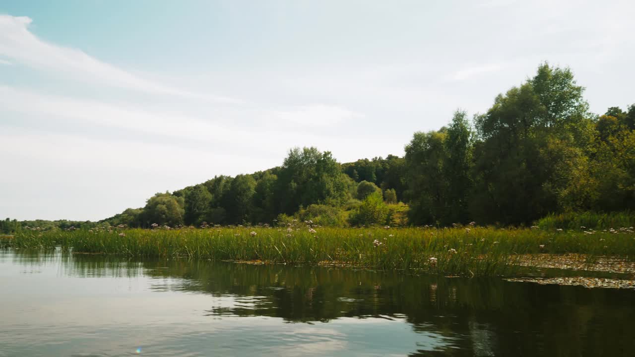 河在夏天。水中树木的倒影。水面上的全景。夏季河流景观。视频素材