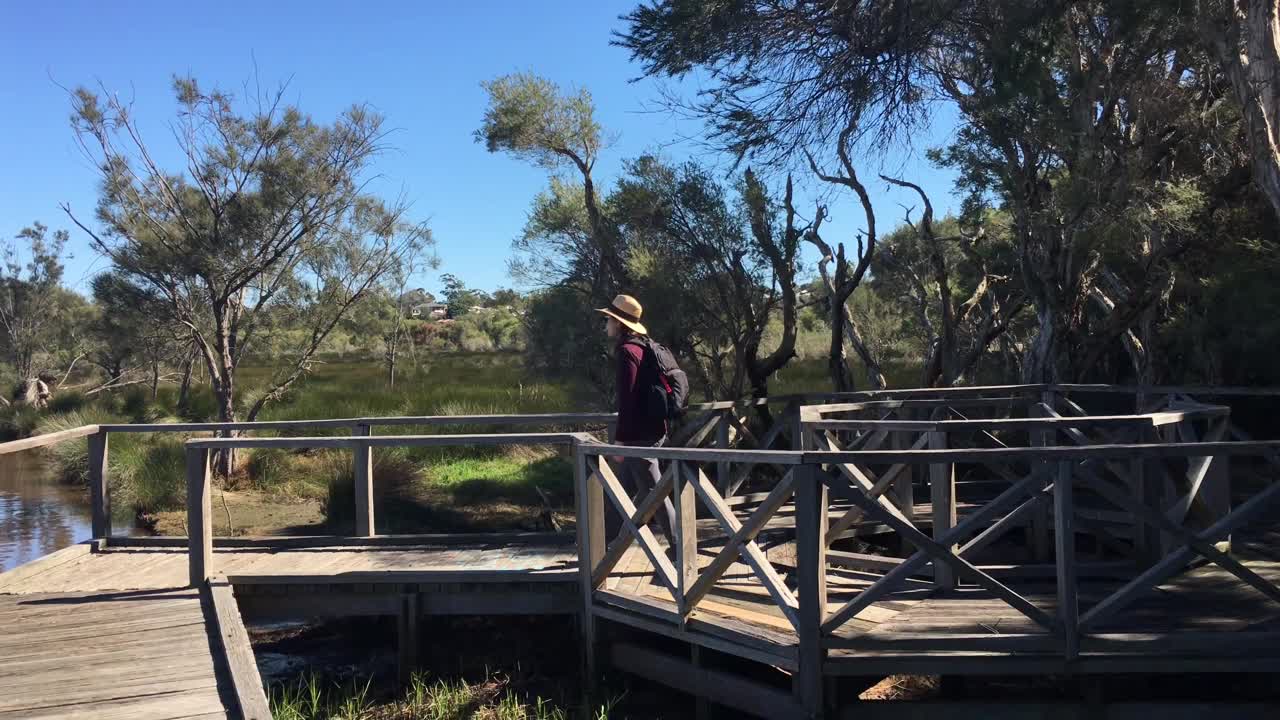 一名澳大利亚女子在澳大利亚西部的珀斯沿着斯旺河远足视频素材