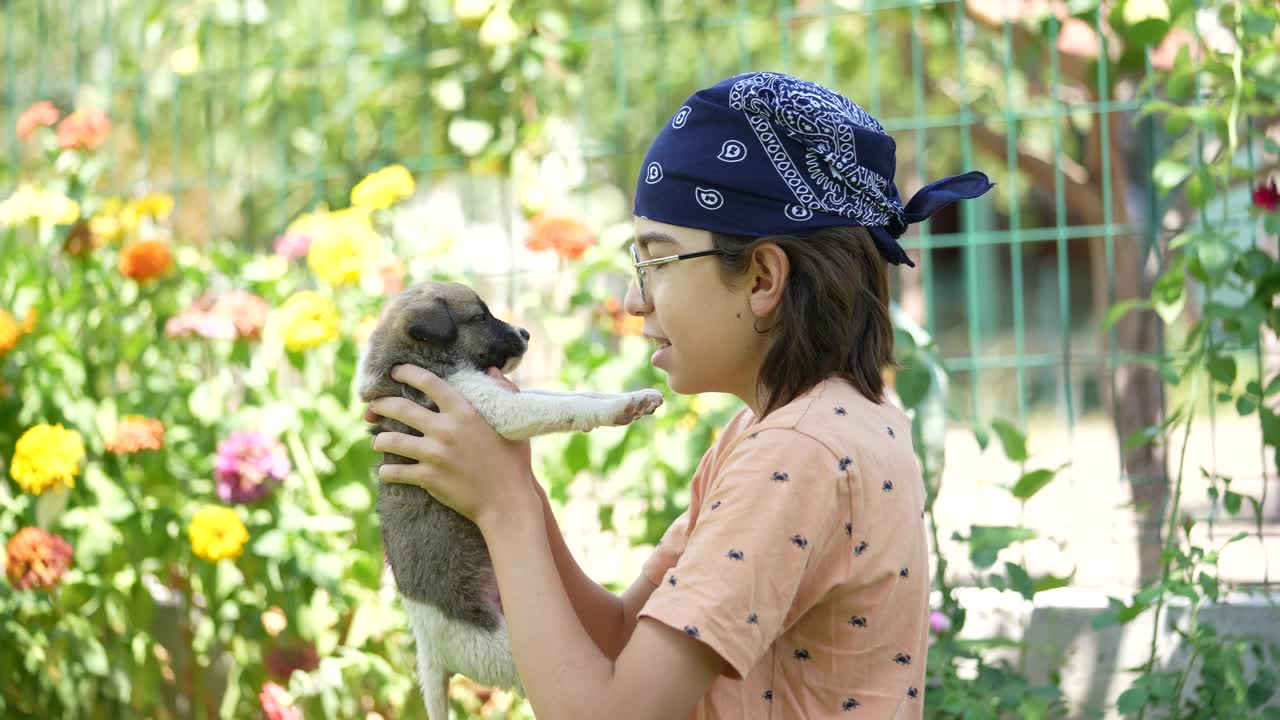 一个小男孩坐在草地上和他的小狗玩耍。视频素材