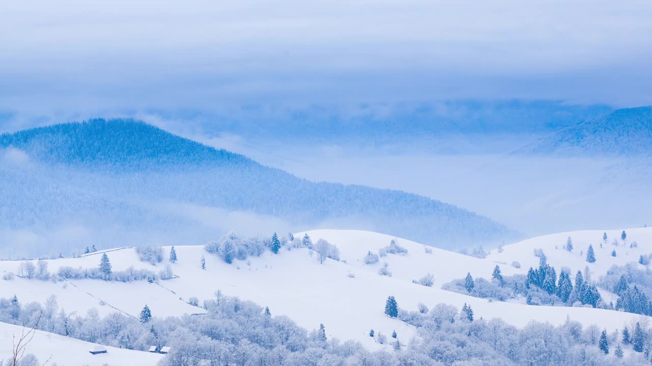 山顶上的雪被风吹着。冬天的风景。天冷了，还下着雪。视频素材