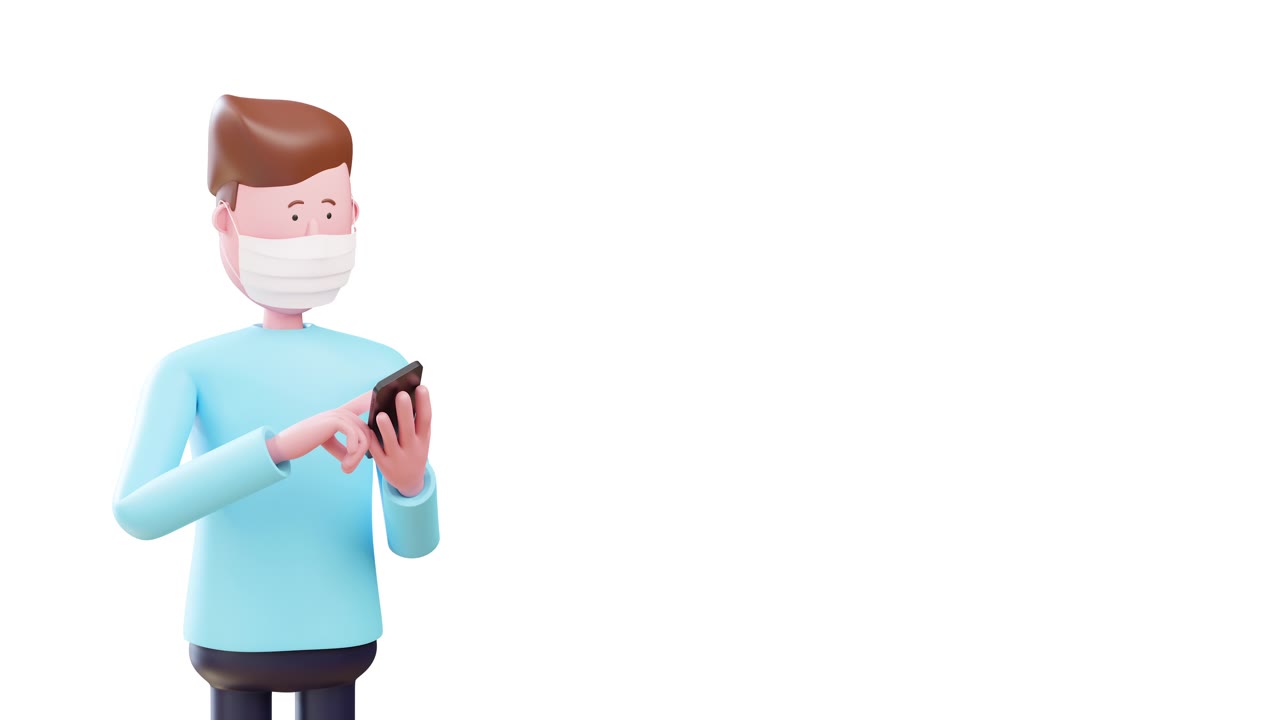 3d人戴口罩脸使用智能手机触摸屏。孤立的背景。Alpha通道哑光在背景上的组成。视频素材画面1