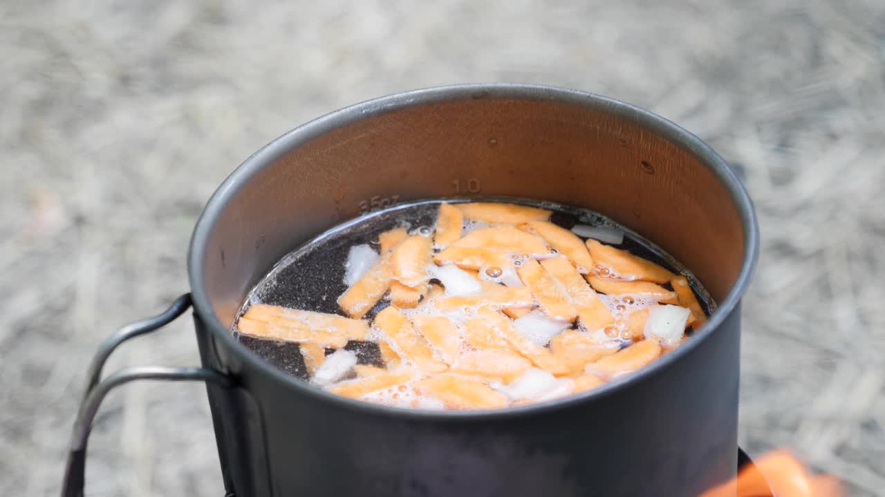 在火上准备野营食物。锅里的水在燃烧的炉子上沸腾。烹饪对自然。旅游的概念视频素材