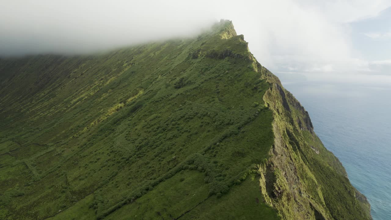 葡萄牙亚速尔群岛科沃岛海岸线上的卡代罗的鸟瞰图。视频素材