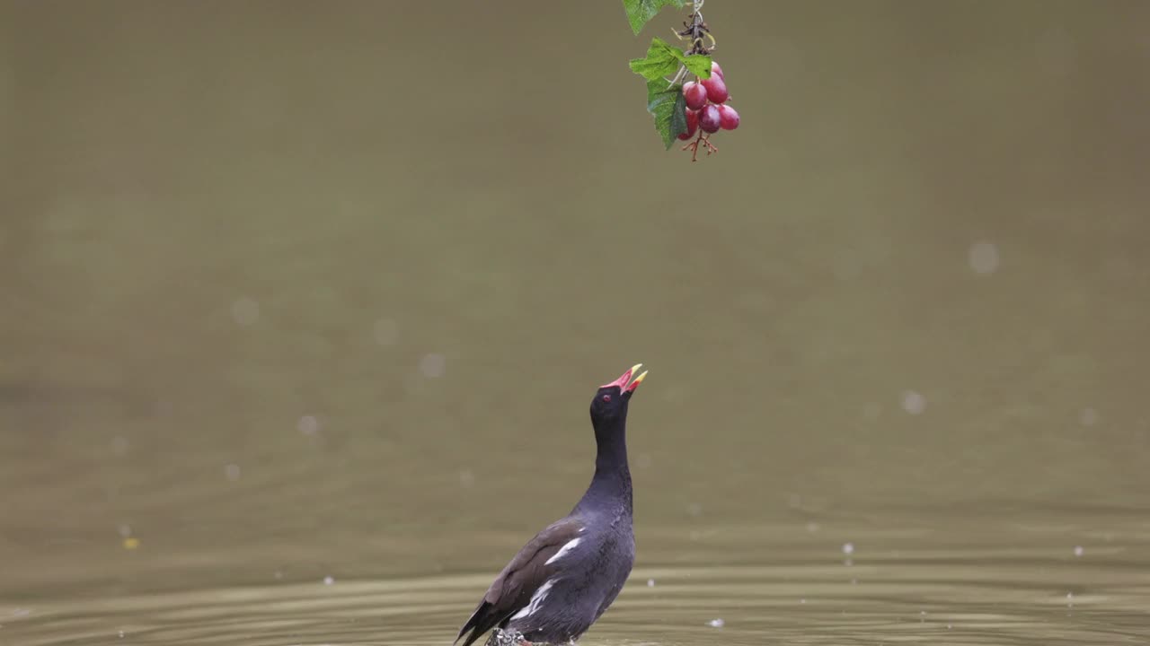 黑色水鸟抓着水果:葡萄视频素材