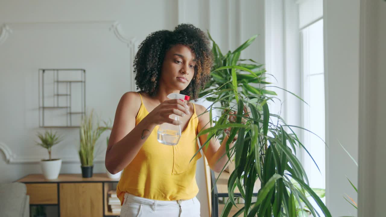 巴西妇女在家里给植物浇水视频素材