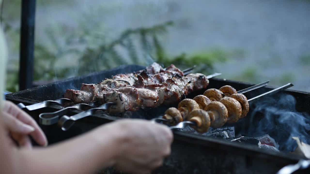 烧烤。烤肉串和蘑菇在烤架上煎视频下载