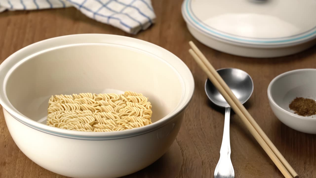 男手煮方便面。视频素材画面1