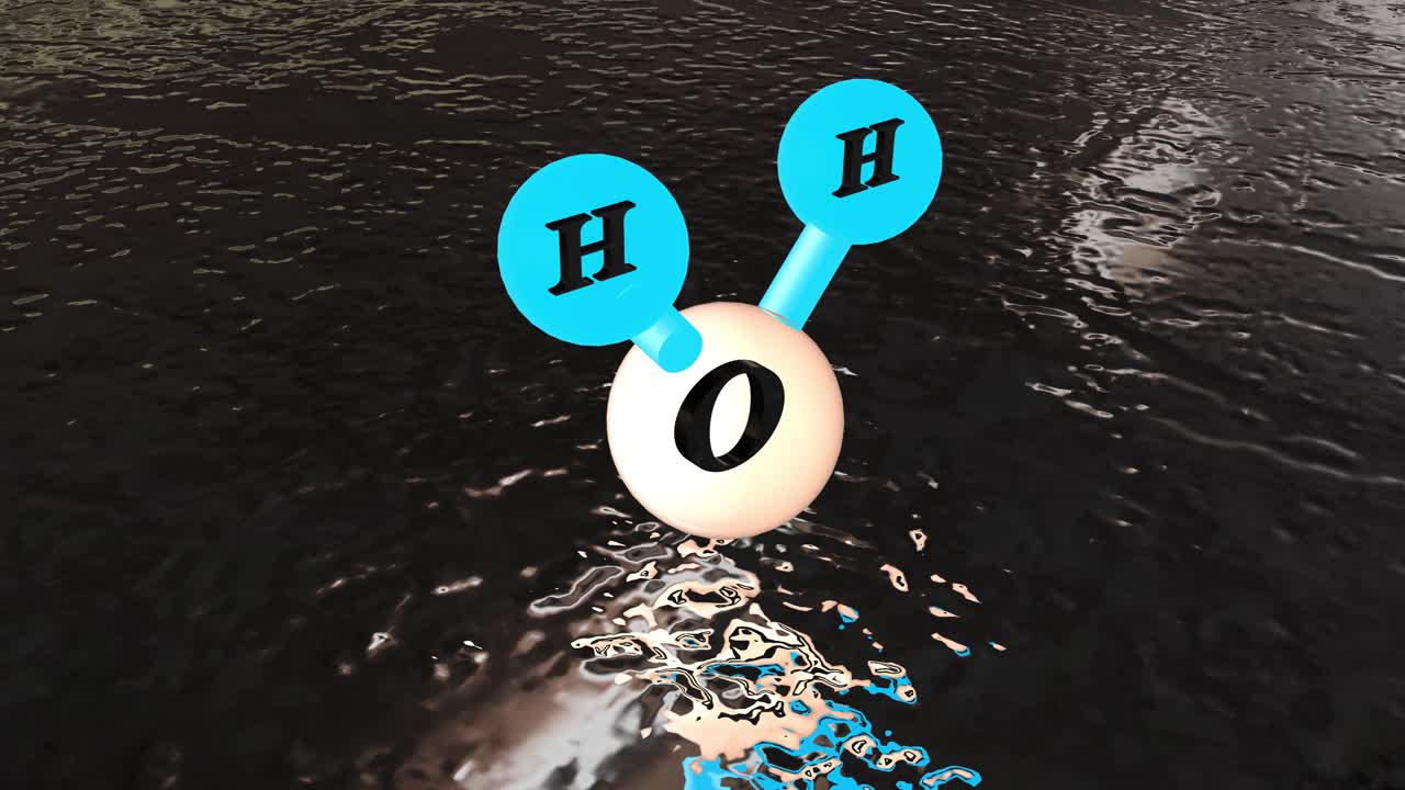 水分子H2O的三维图解模型，H2O浮在水面上，水的化学式视频素材