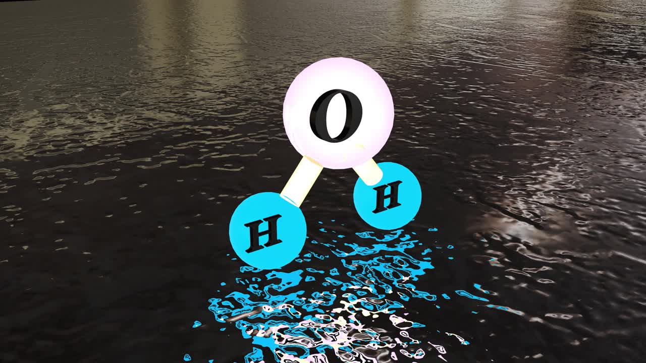 水分子H2O三维图解模型，H2O浮在水面上，水化学式分子结构视频素材