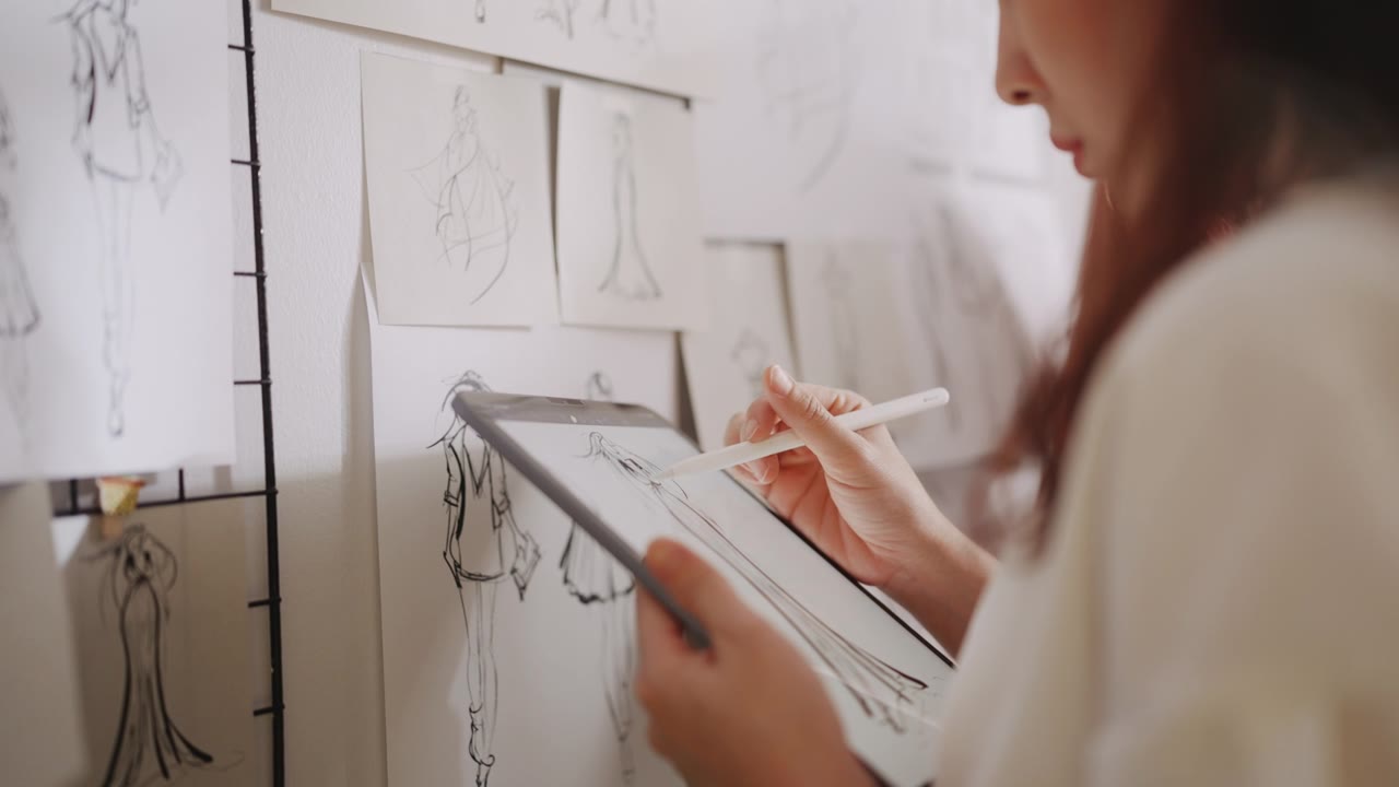 亚洲时装设计师在数码平板电脑上画衣服，裁缝生意视频素材画面1
