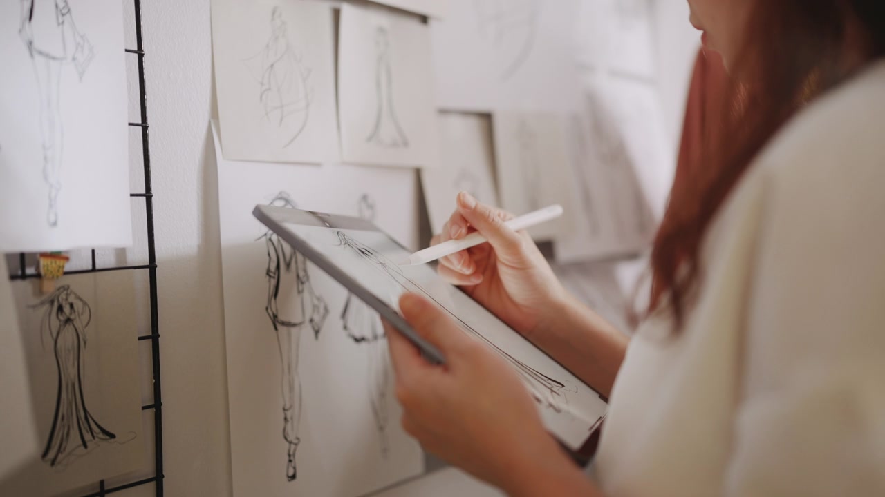 亚洲时装设计师在数码平板电脑上画衣服，裁缝生意视频素材画面4