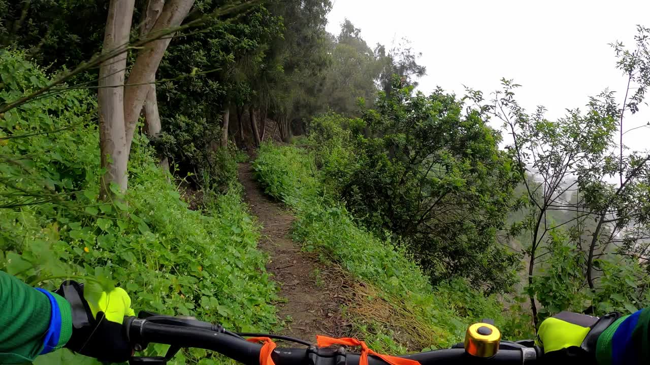 在一个阴天沿着土路和山路骑自行车的第一人的观点在Las Casuarinas, Surco的一个小的耐力线路上。第四部分视频素材