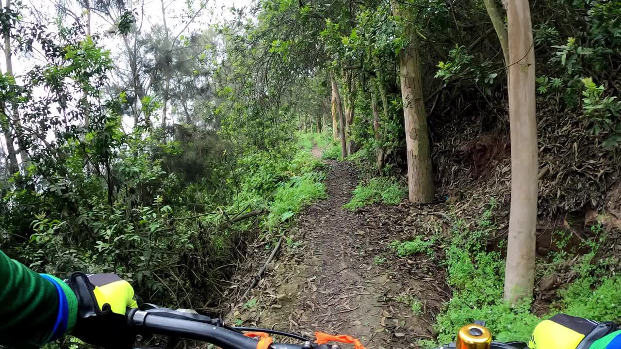 在一个阴天沿着土路和山路骑自行车的第一人的观点在Las Casuarinas, Surco的一个小的耐力线路上。第2部分视频素材