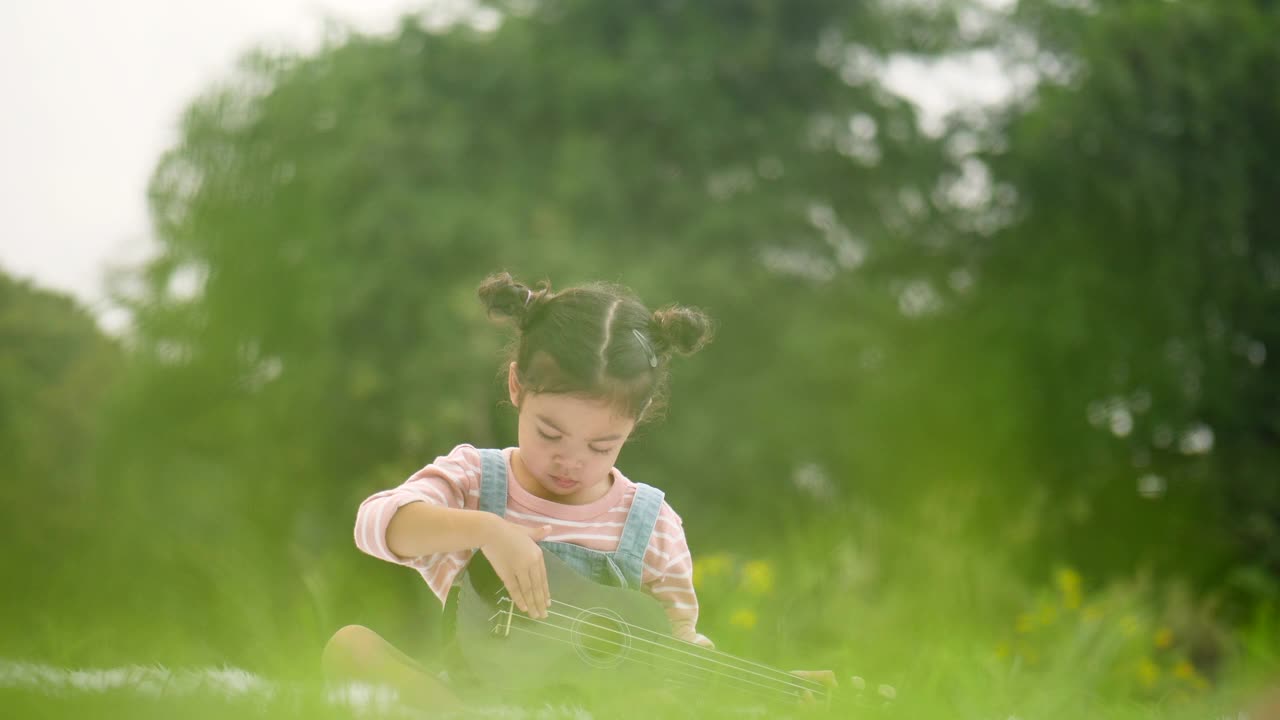 女孩在公园里玩尤克里里野餐视频素材