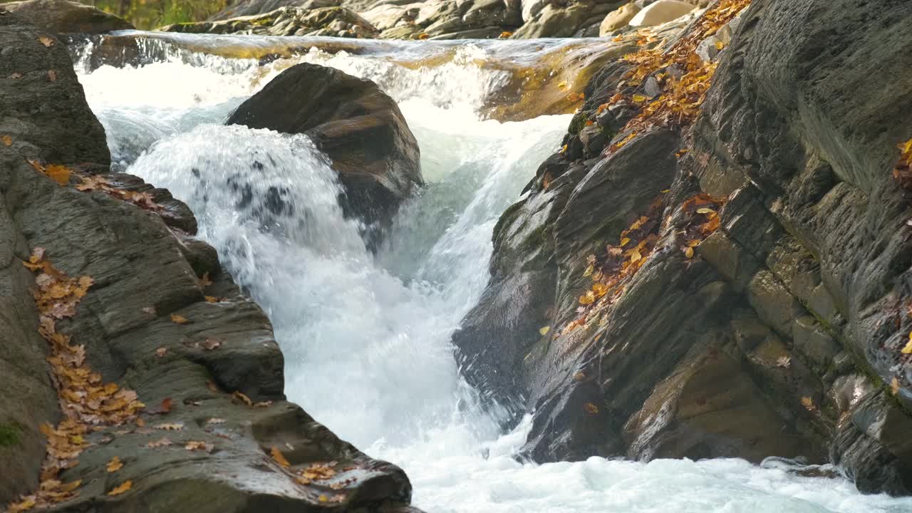 秋天在岩石间有快速流动的清澈水流的小山涧。视频素材