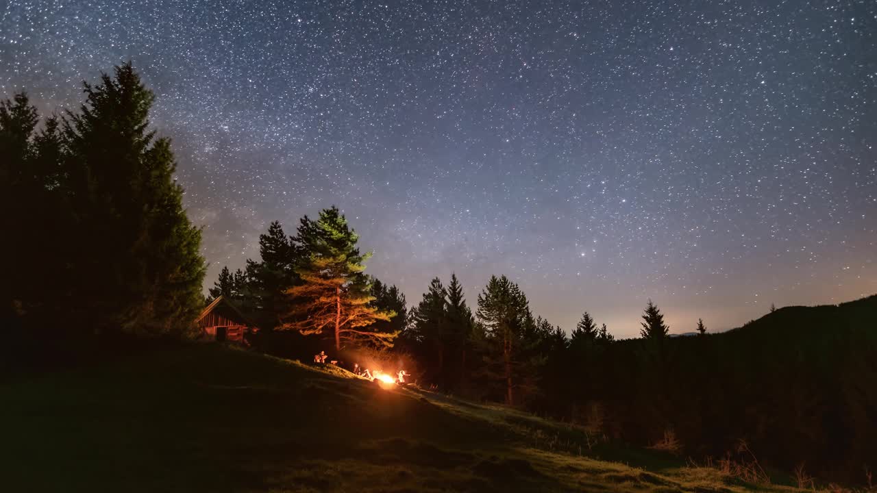 神奇的星星天空与银河银河在野生森林的自然和朋友坐在篝火在繁星的夜晚天文学时间流逝视频素材