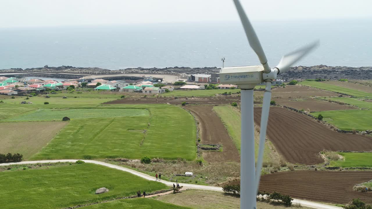 韩国济州岛西归浦加坡岛的麦田和风力发电机风光视频素材