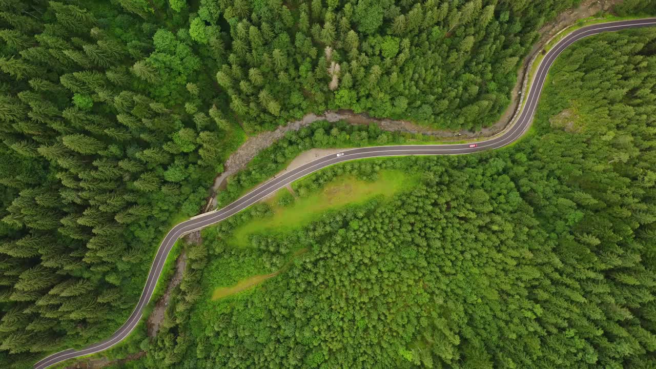 针叶林的鸟瞰图，山间有一条蜿蜒的道路穿过视频素材