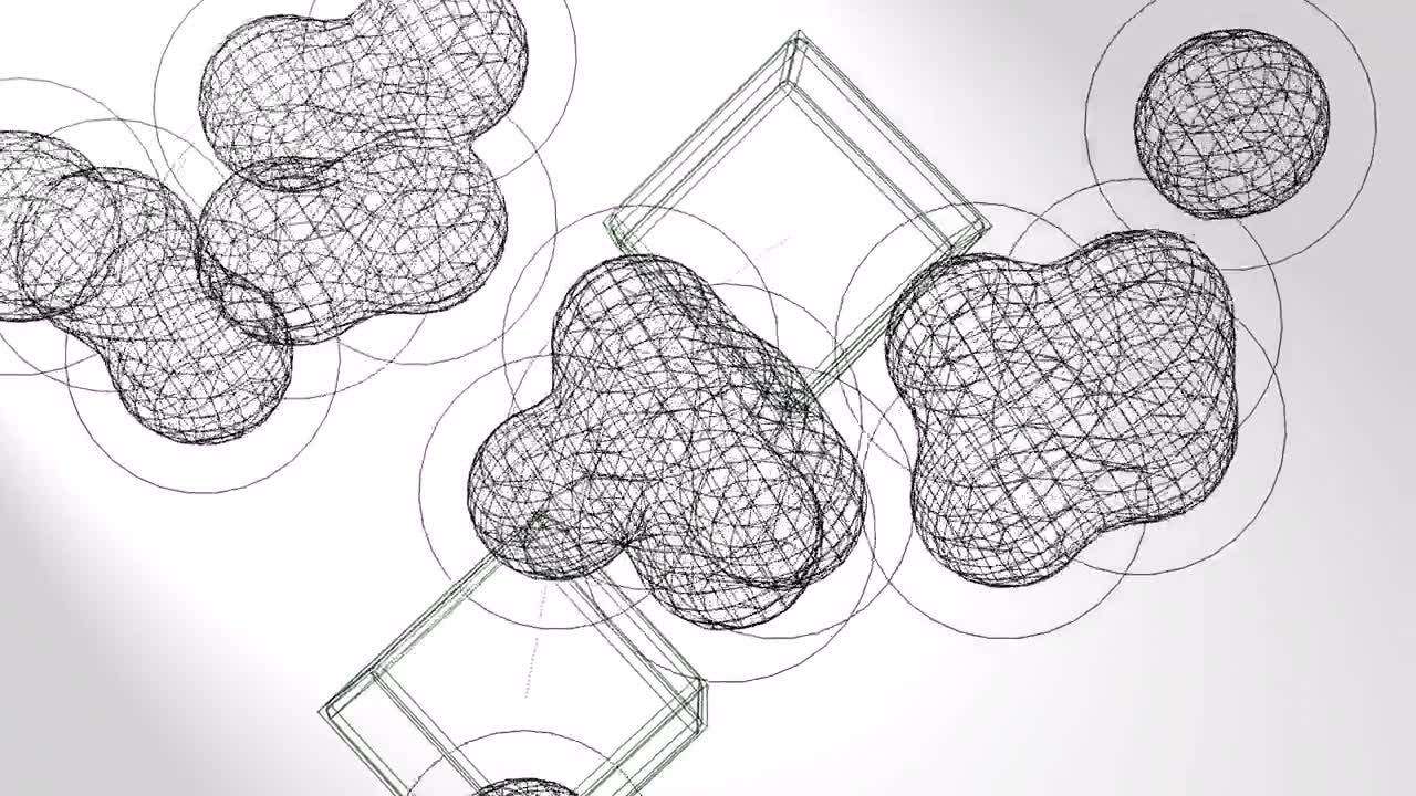 三维动画，一些元球体和磁场上的两个立方体形状(线条艺术)视频素材画面1