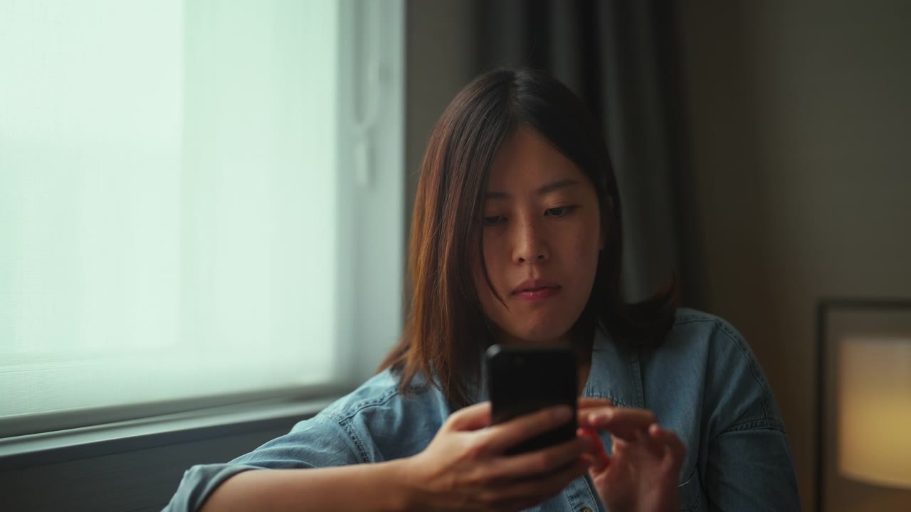 年轻女子坐在靠窗的沙发上，用着智能手机回家视频素材画面1