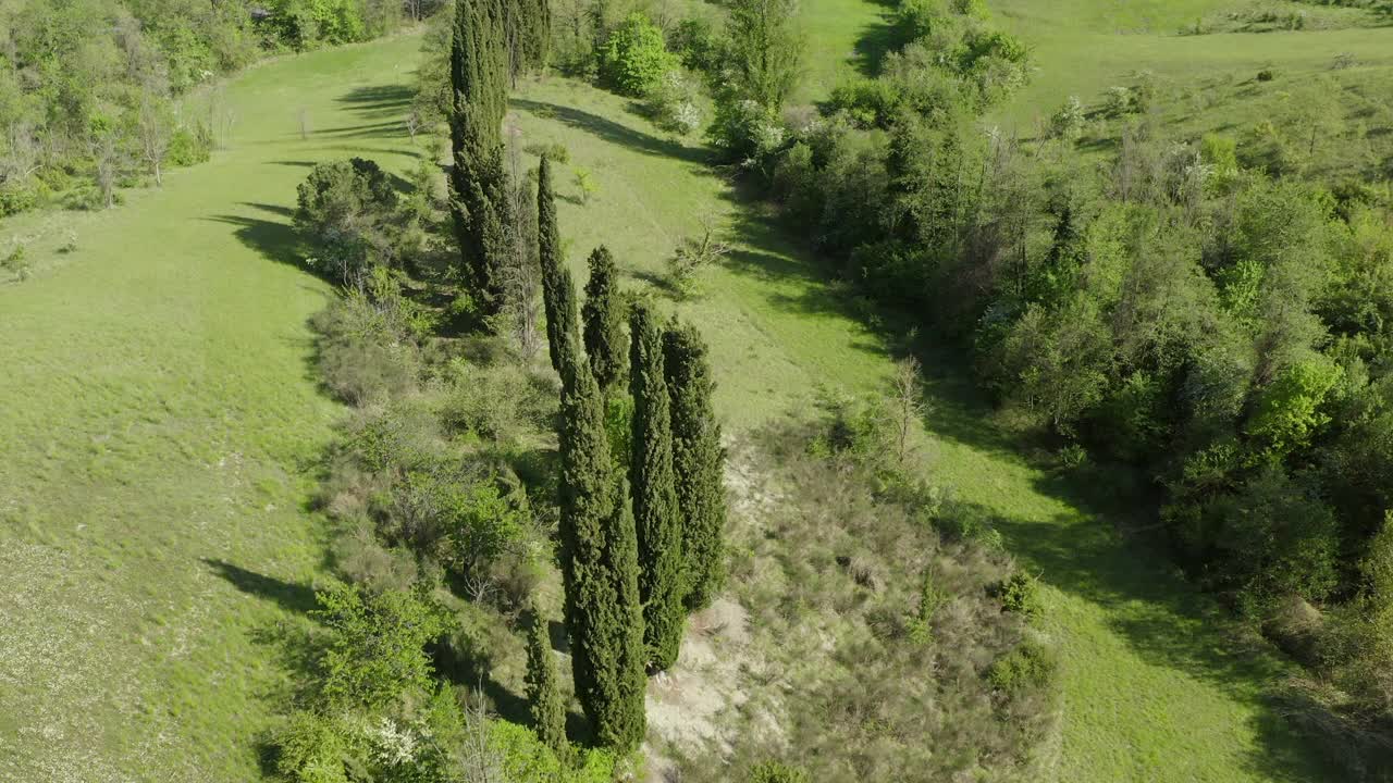 空中:山上绿树的美丽景色，无人机飞过风景-亚平宁山脉，意大利视频素材