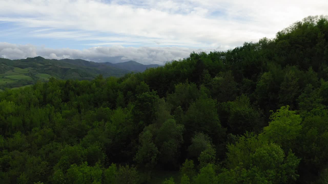 在多云的天空下的天然山丘的空中风景，无人机在绿色景观上飞行前进-亚平宁山脉，意大利视频素材