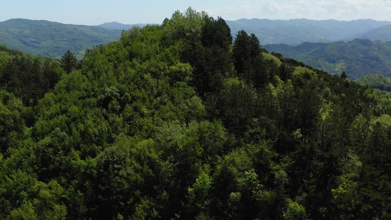 空中:山上绿树的风景，无人机在阳光下飞行-亚平宁山脉，意大利视频素材