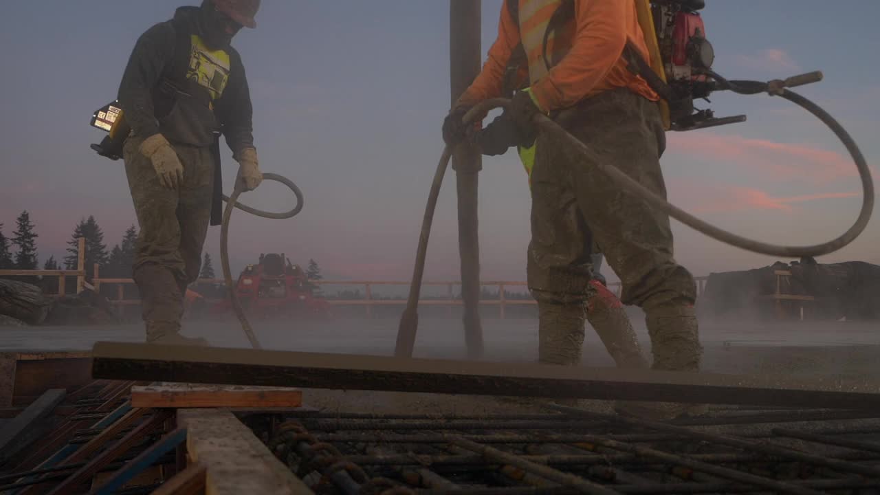 一个建筑工人在一个大型商业工地浇筑混凝土——慢镜头。视频下载