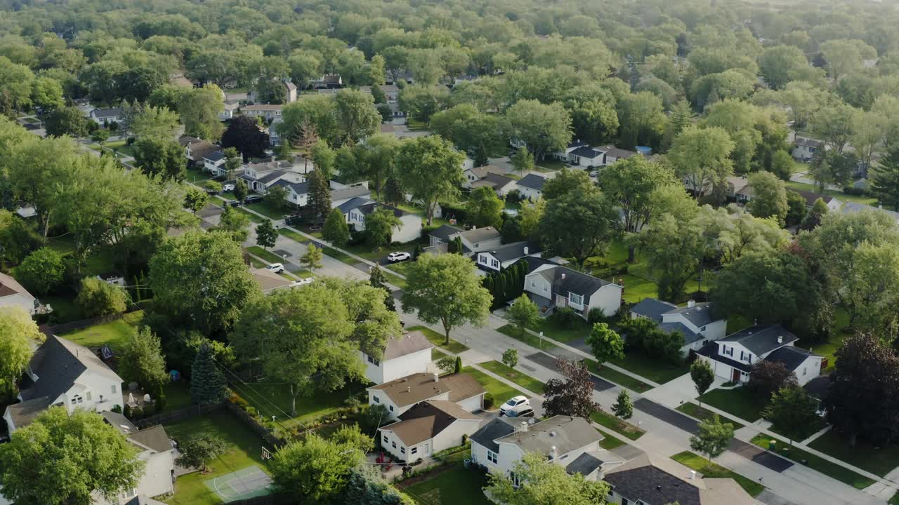 上图是美国郊区夏日房地产的航拍画面。住宅的邻里视图。视频素材