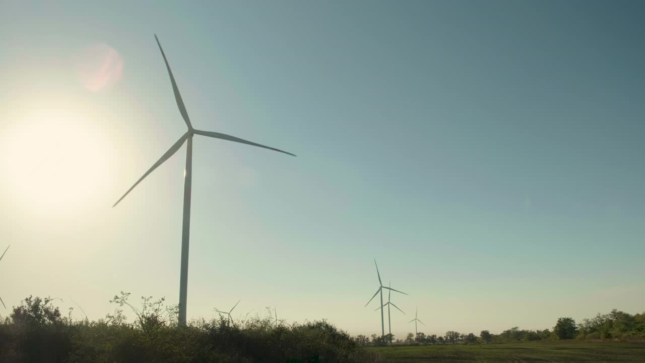 风电场在田野的树木和阳光的背景下，晴朗无云的天气。视频素材