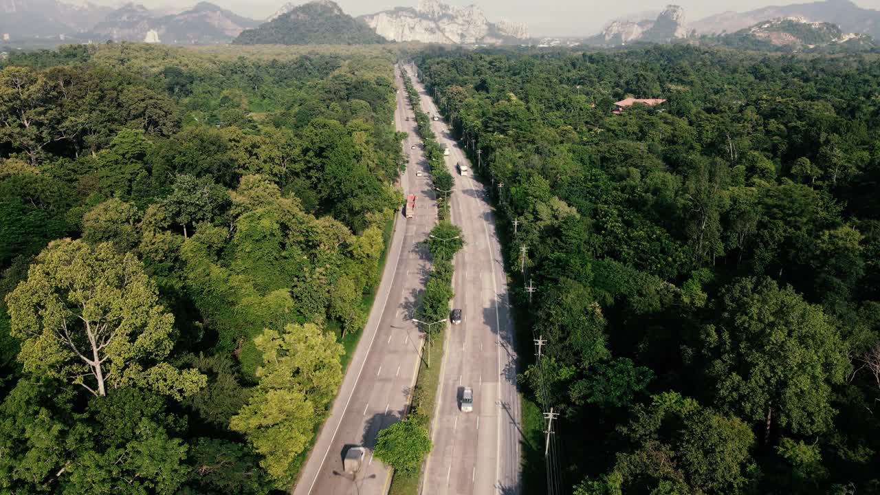 无人机拍摄森林道路的鸟瞰图视频素材