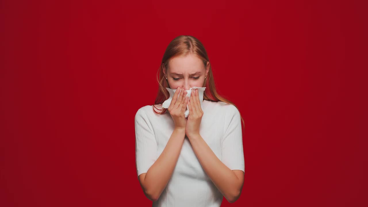 生病的年轻女孩在纸巾中打喷嚏，流鼻涕，患有流感或过敏症状在红色演播室背景视频素材