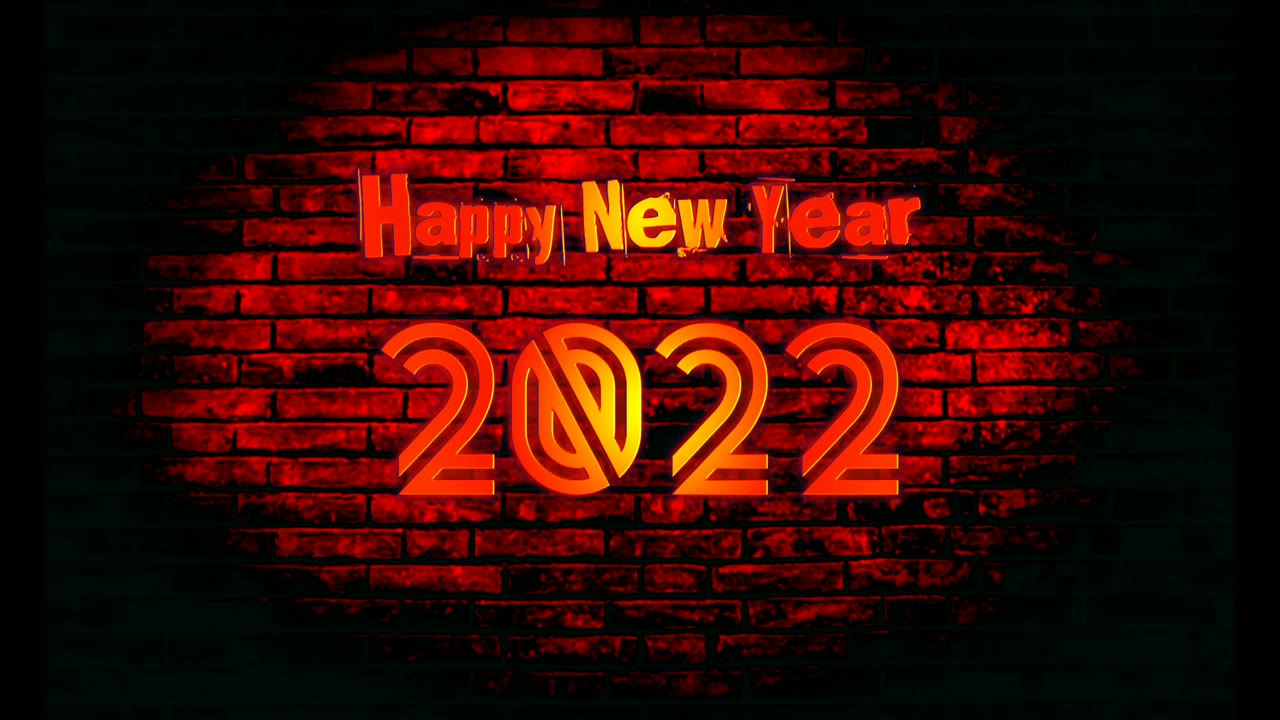 霓虹灯招牌新年快乐2022文字与砖墙背景。现代4 k视频素材画面1