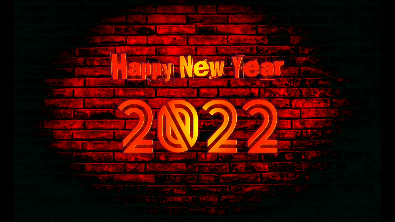 霓虹灯招牌新年快乐2022文字与砖墙背景。现代4 k视频素材画面3