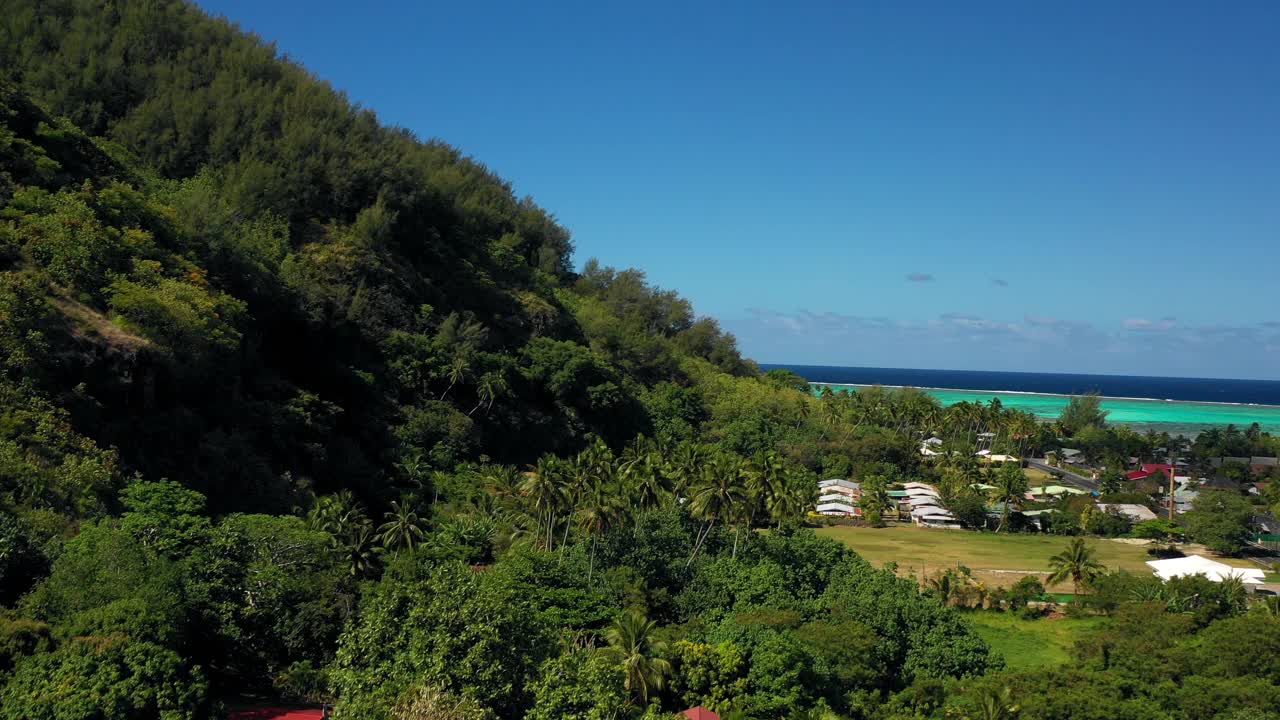 空中平移风景拍摄的蓝绿色和蓝色的大海对天空，无人机飞越绿树-塔希提，法属波利尼西亚视频素材