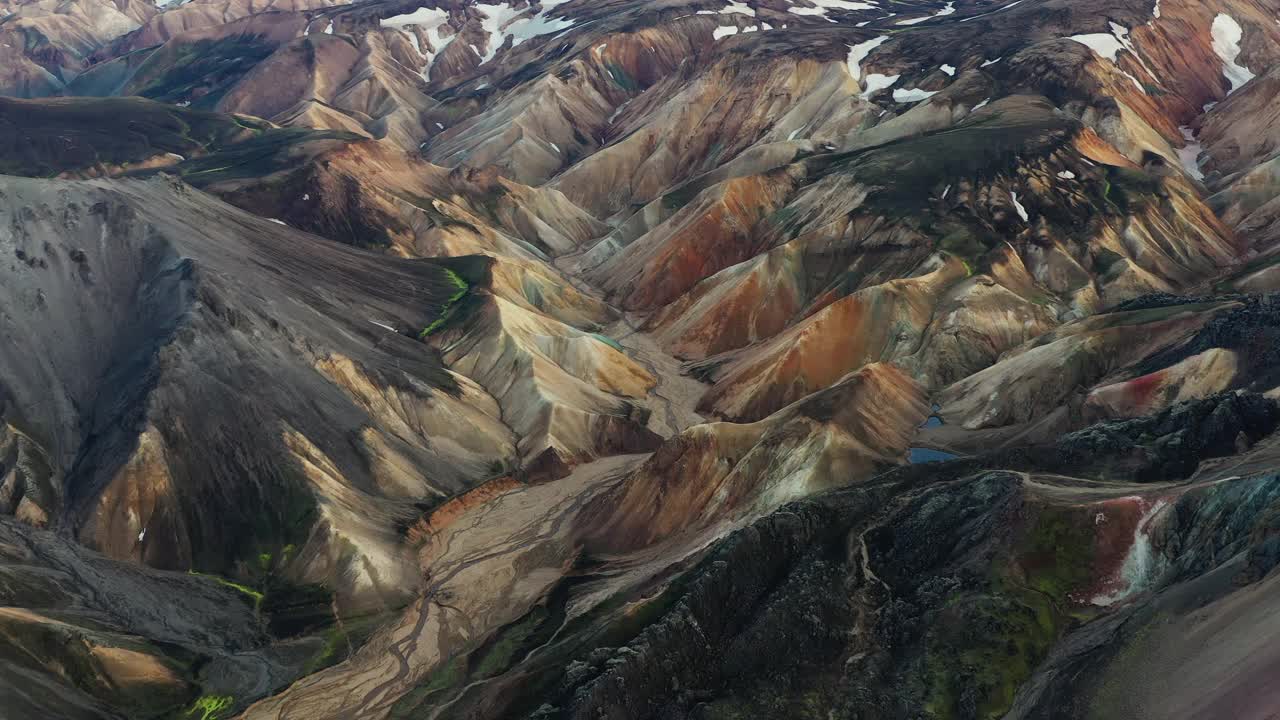 图为冰岛冰岛高地Fjallabak自然保护区的Landmannalaugar上空拍摄视频素材