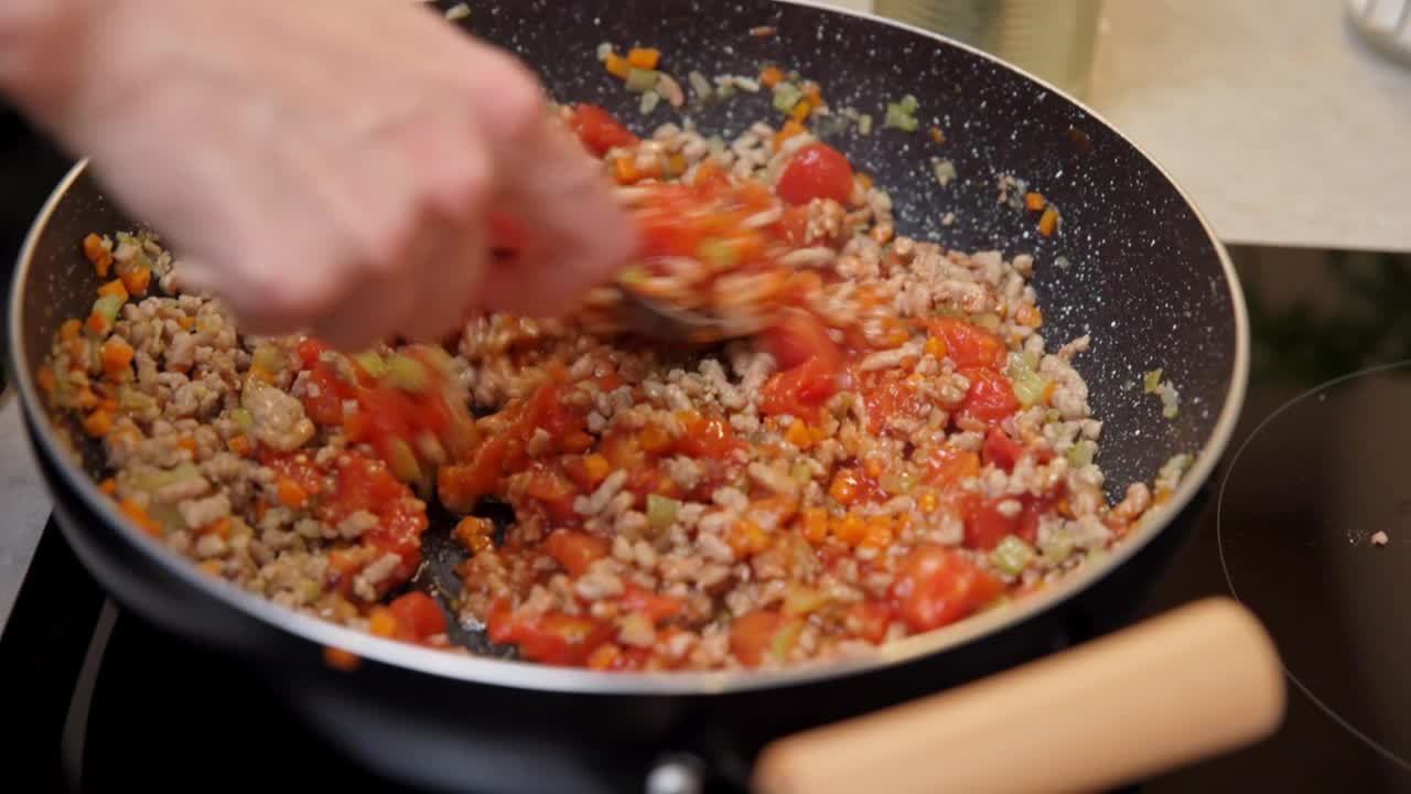 女人在厨房里做肉酱视频素材