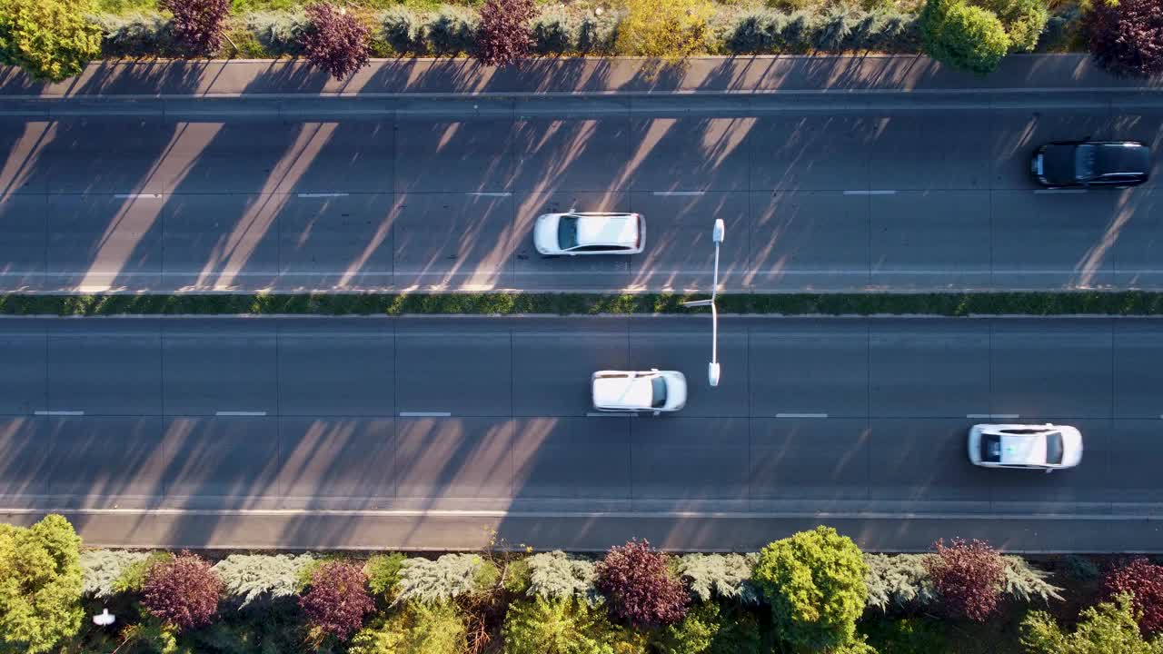 日落时分，高速公路上的树影和车流视频素材