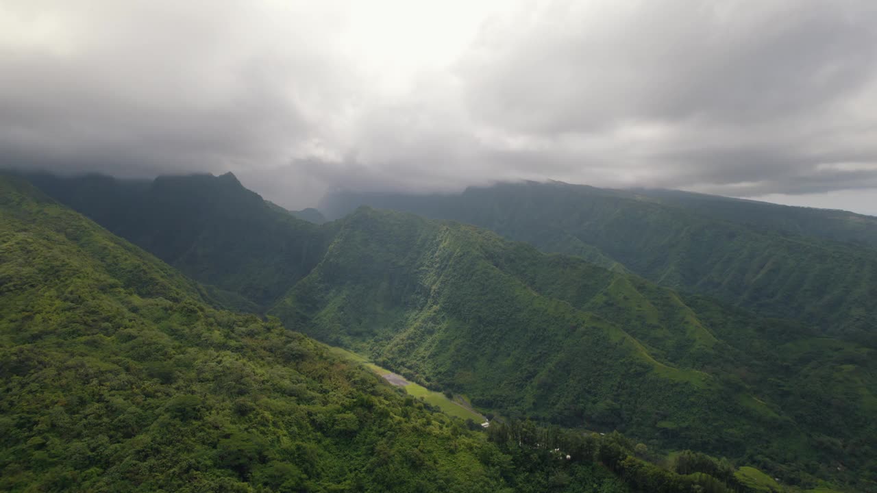 法属波利尼西亚异国情调的热带山脉鸟瞰图。火山岛上的雨林。多雨的天气视频下载