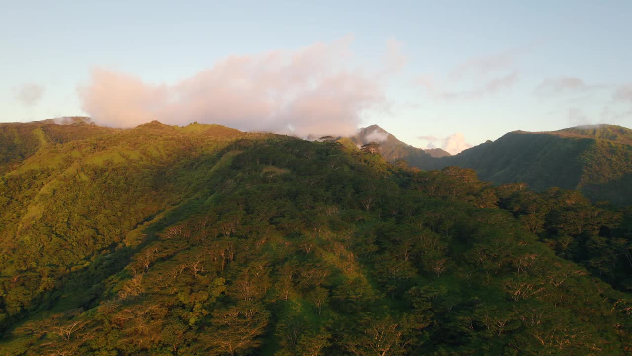 日落时热带火山和岛屿森林的航拍图。法属波利尼西亚和塔希提的自然风光。视频素材