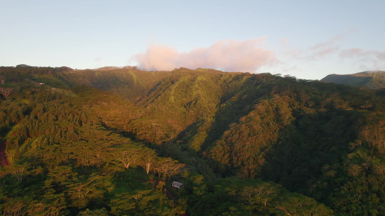 日落时热带火山和岛屿森林的航拍图。法属波利尼西亚和塔希提的自然风光。视频素材