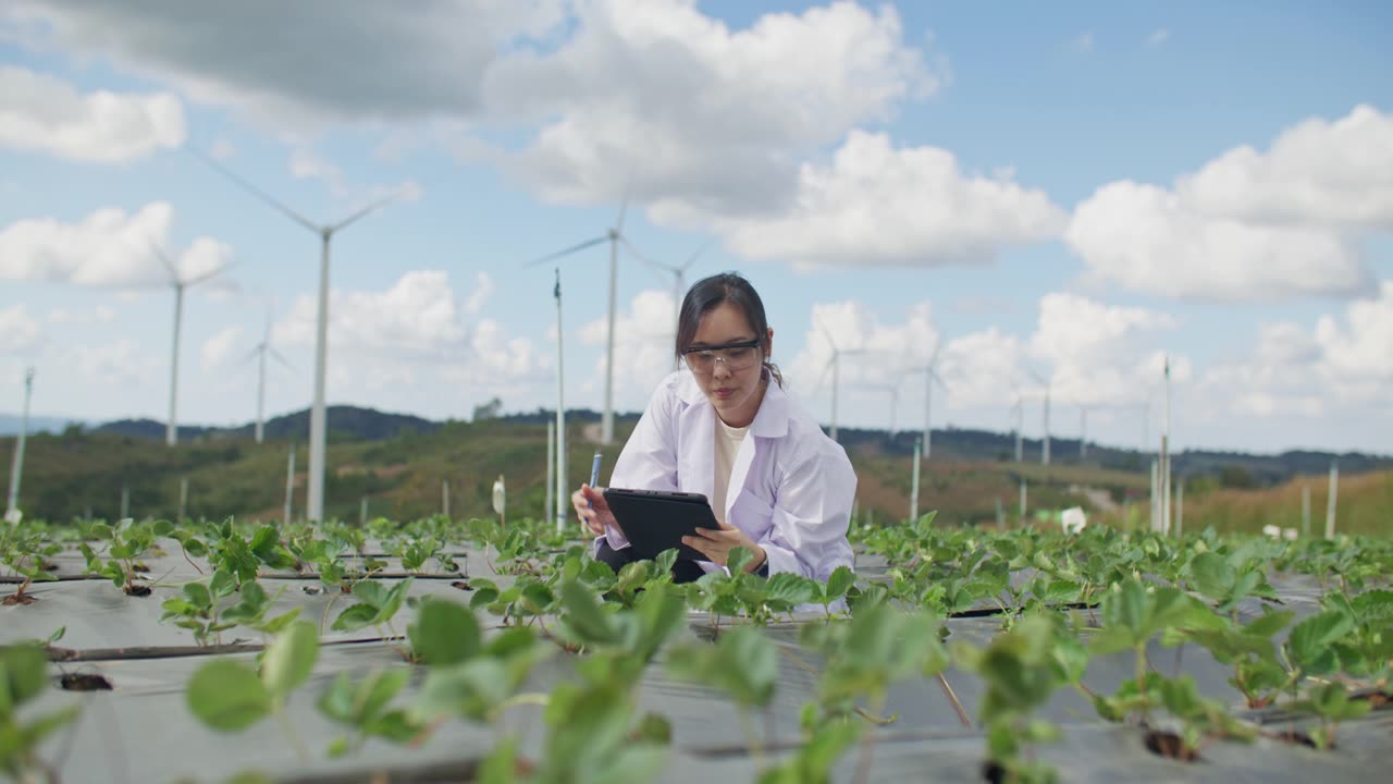 科学家对她农场里的植物进行分析视频素材画面1