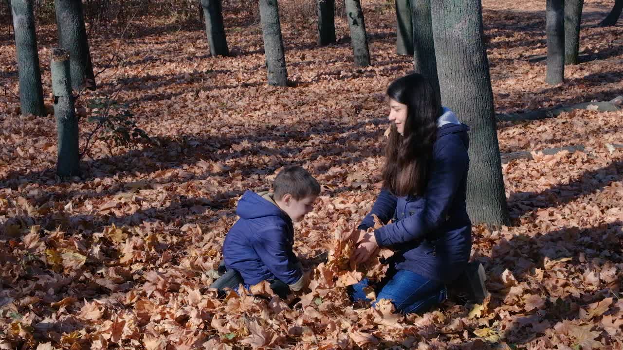 母亲和儿子在秋天的森林里扔树叶，慢动作视频素材