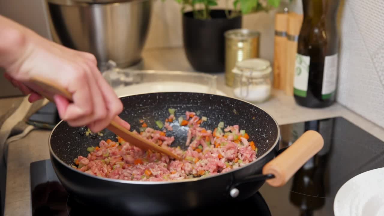 女人在厨房里做肉酱视频素材