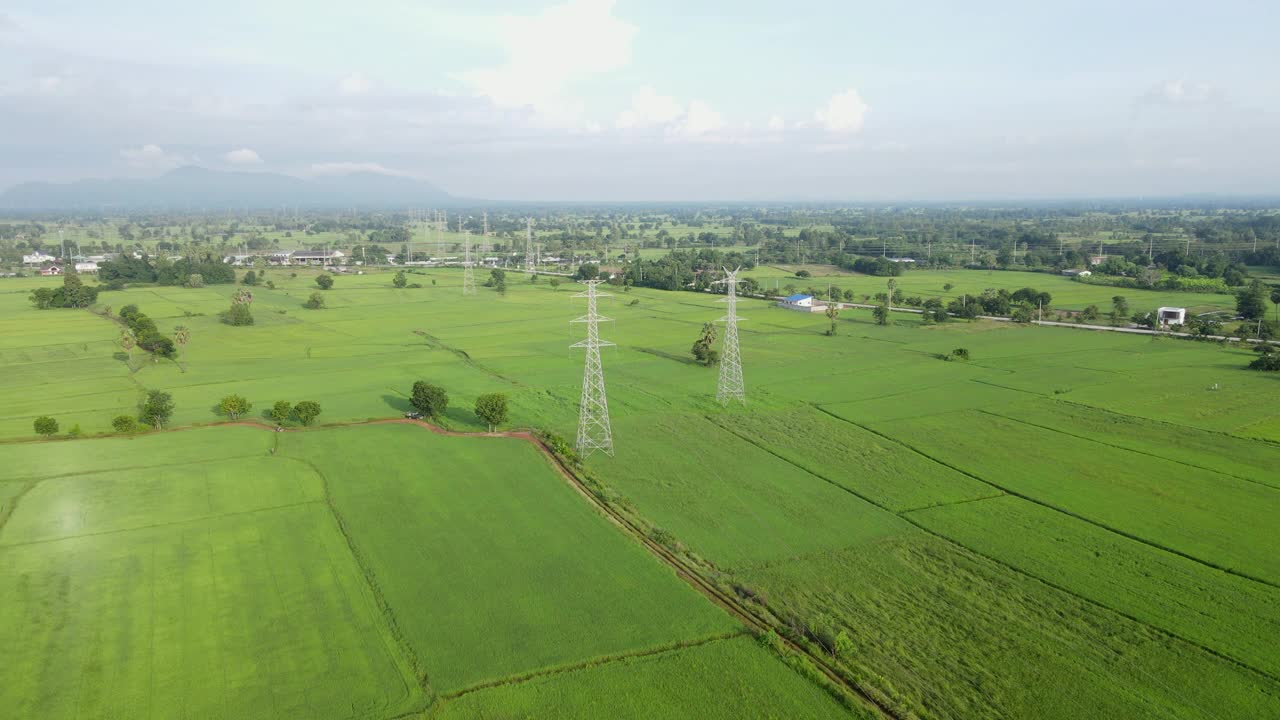 清晨乡村景象中架空的电塔视频素材