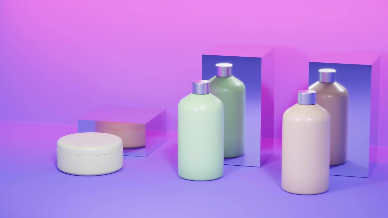 设置空白化妆品包装模拟，蜡笔背景，3d渲染视频素材画面1
