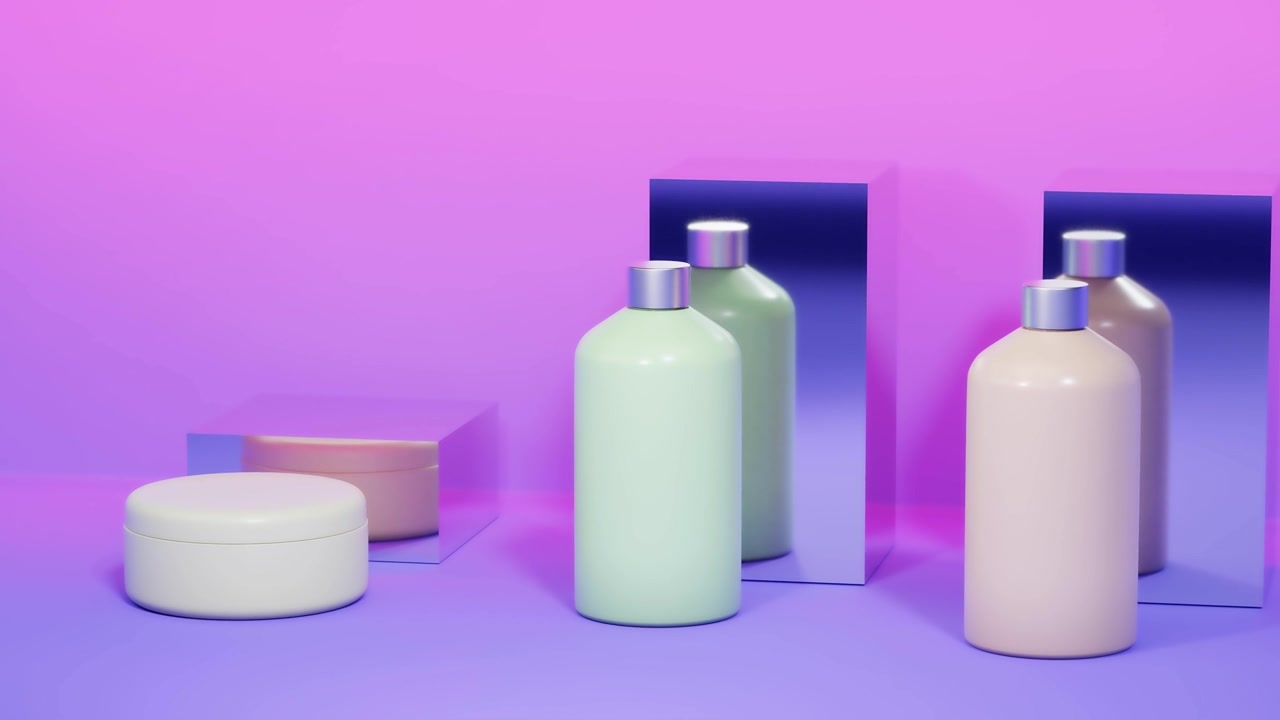 设置空白化妆品包装模拟，蜡笔背景，3d渲染视频素材画面3