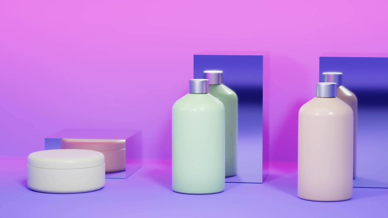 设置空白化妆品包装模拟，蜡笔背景，3d渲染视频素材画面4